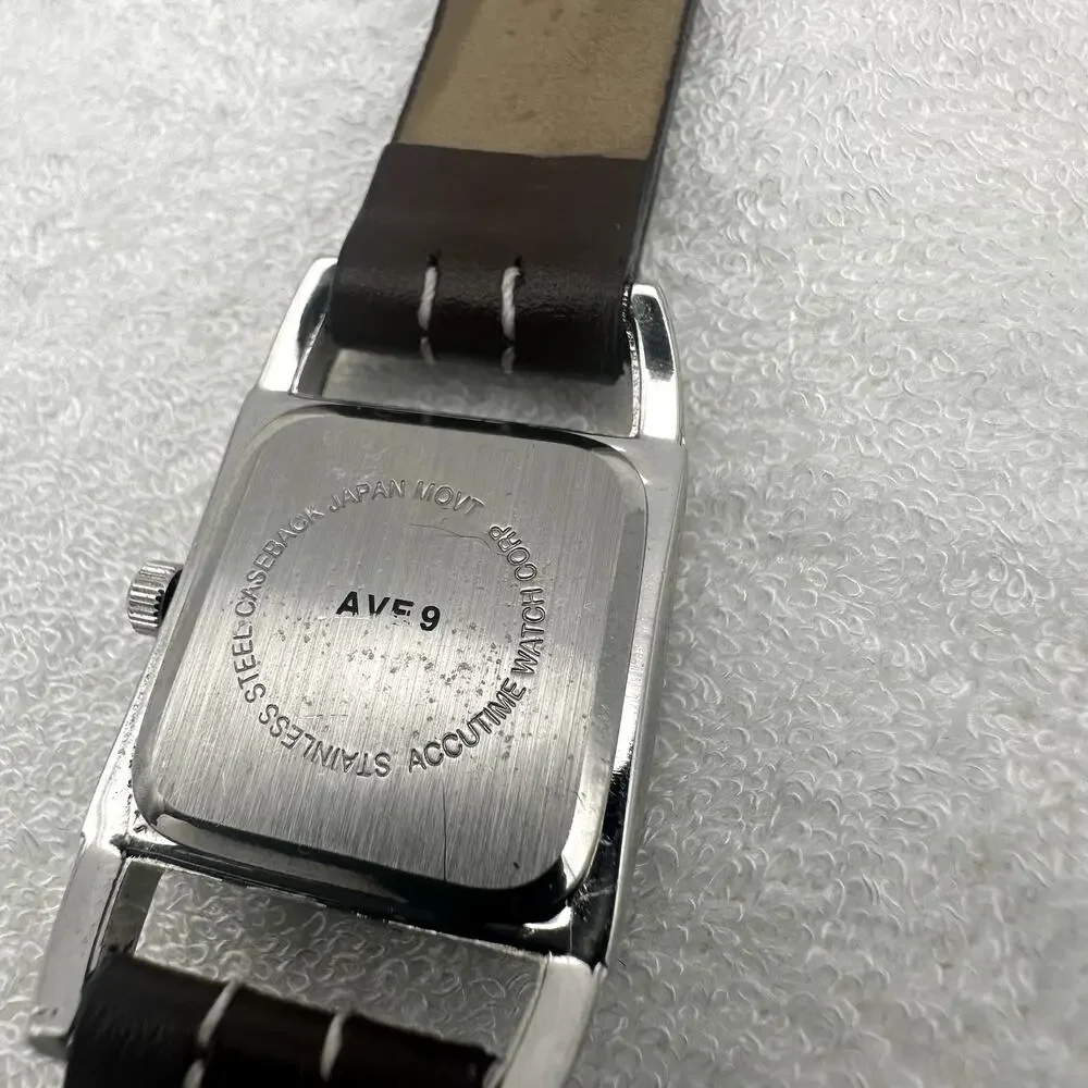 Avenue 9 Quartz Tank Watch Silver Dial Square Case Studded Brown Leather Strap